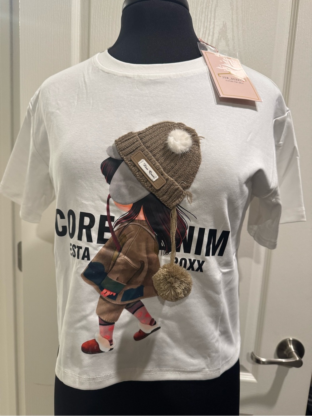 White Crop Top Graphic Tee with Brown Pom-Pom Hat Print